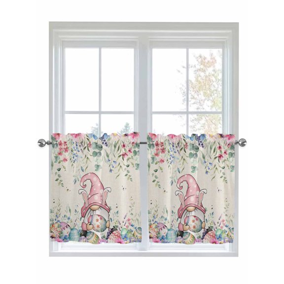 Gnomes Easter Kitchen Curtains Tier 24 Inch Length, Colorful Spring Floral Weeping Eggs Rustic Rod Pocket Light Filtering Window Curtains Living Room Bedroom Curtain Drapes Cafe Curtain 27.5''x24''x2