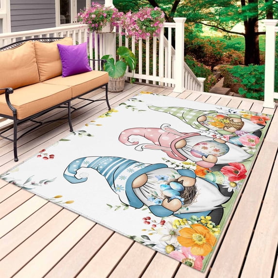 Gnomes Easter Outdoor Rug 5x7 Ft, Non Slip Washable Area Rug, Eucalyptus Spring Floral Weeping Eggs Farmhouse Patio Rugs Carpet Runner, Large Floor Mat for Indoor/Outdoor Deck Porch Camping