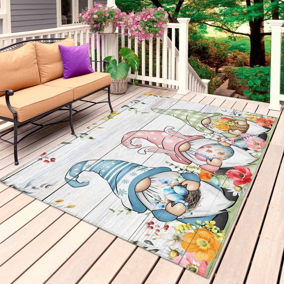 Gnomes Easter Outdoor Rug 6x9 Ft, Non Slip Washable Area Rug, Eucalyptus Spring Floral Eggs Leaves Wooden Patio Rugs Carpet Runner, Large Floor Mat for Indoor/Outdoor Deck Porch Camping
