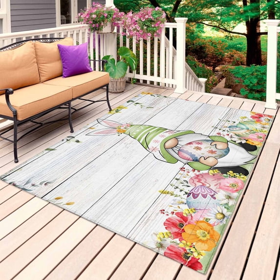Gnomes Easter Outdoor Rug 6x9 Ft, Non Slip Washable Area Rug, Eucalyptus Spring Floral Eggs Wooden Patio Rugs Carpet Runner, Large Floor Mat for Indoor/Outdoor Deck Porch Camping