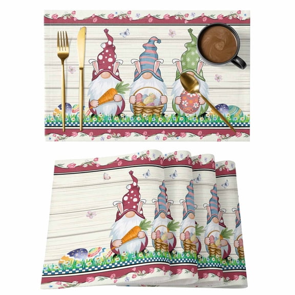 Gnomes Easter Placemats Set of 12, Eggs Tulips Spring Floral Wooden Placemats for Dining Table, Place Mats for Kitchen Tabletop, Waterproof Wipeable Dining Table Mats Set