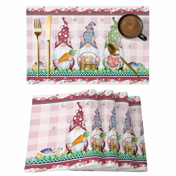 Gnomes Easter Placemats Set of 4, Eggs Tulips Spring Floral Pink Plaid Placemats for Dining Table, Place Mats for Kitchen Tabletop, Waterproof Wipeable Dining Table Mats Set