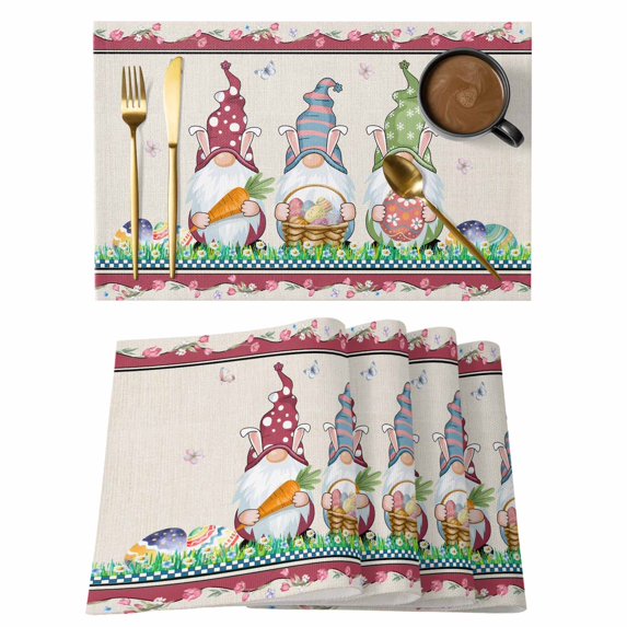 Gnomes Easter Placemats Set of 4, Eggs Tulips Spring Floral Rustic Placemats for Dining Table, Place Mats for Kitchen Tabletop, Waterproof Wipeable Dining Table Mats Set