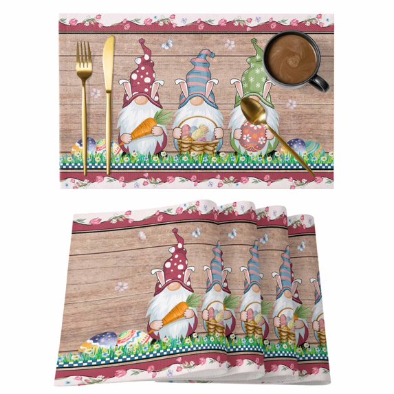 Gnomes Easter Placemats Set of 6, Eggs Tulips Spring Floral Retro Art Wooden Placemats for Dining Table, Place Mats for Kitchen Tabletop, Waterproof Wipeable Dining Table Mats Set