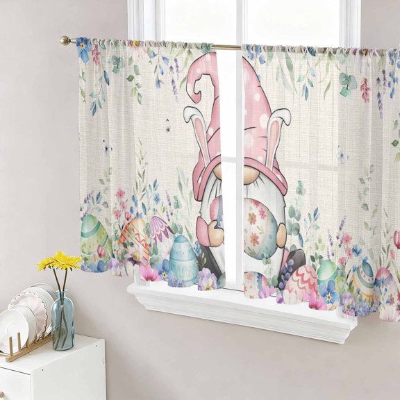Gnomes Easter Sheer Curtains 45 Inches Length 2 Panels Set, Window Sheer Curtains for Living Room/Bedroom, Colorful Spring Floral Weeping Eggs Rustic Light Filtering Rod Pocket Curtain 52''x45''x2
