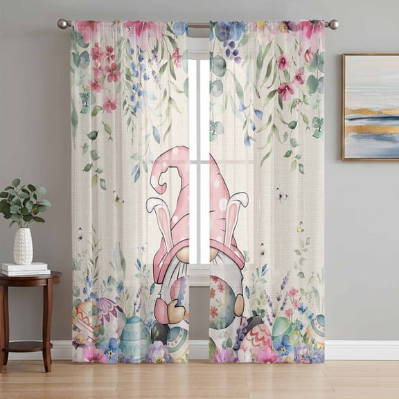 Gnomes Easter Sheer Curtains 63 Inch Length 2 Panels Set, Colorful Spring Floral Weeping Eggs Rustic Voile Window Treatment Rod Pocket Curtains Sheers Drapes for Bedroom/Living Room/Kitchen 52x"63"x2