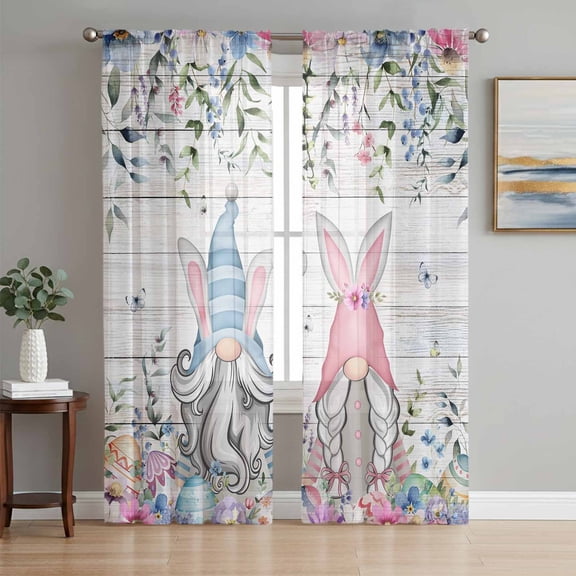 Gnomes Easter Sheer Curtains 63 Inch Length 2 Panels Set, Colorful Spring Floral Weeping Eggs Wooden Voile Window Treatment Rod Pocket Curtains Sheers Drapes for Bedroom/Living Room/Kitchen 52x"63"x2