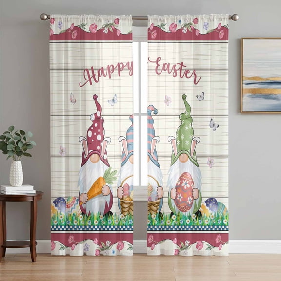 Gnomes Easter Sheer Curtains 63 Inch Length 2 Panels Set, Eggs Tulips Spring Floral Wooden Voile Window Treatment Rod Pocket Curtains Sheers Drapes for Bedroom/Living Room/Kitchen 52x"63"x2