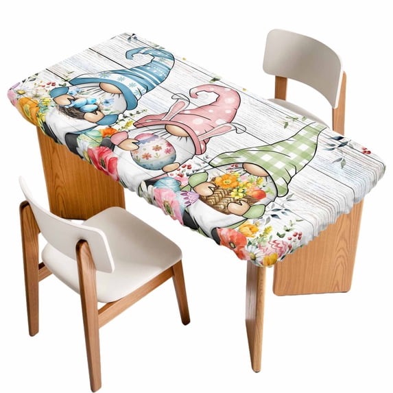Gnomes Easter Table Cloths for 4 Foot Rectangle Tables, Eucalyptus Spring Floral Eggs Leaves Wooden Patio Waterproof Elastic Fitted Tablecloths, Washable Rectangular Table Cover for Camping