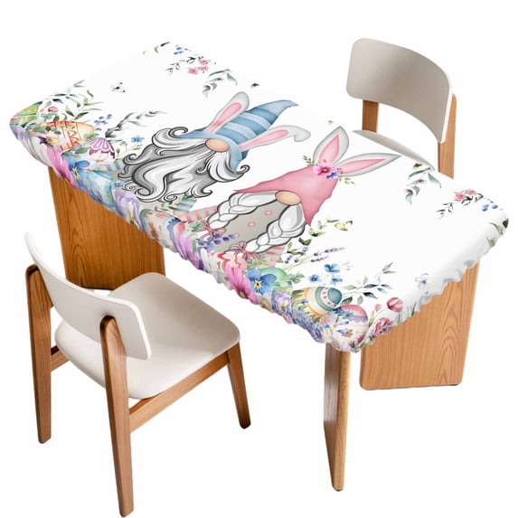 Gnomes Easter Table Cloths for 5 Foot Rectangle Tables, Colorful Spring Floral Weeping Eggs Patio Waterproof Elastic Fitted Tablecloths, Washable Rectangular Table Cover for Camping