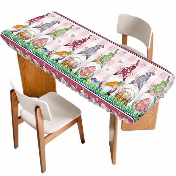 Gnomes Easter Table Cloths for 8 Foot Rectangle Tables, Eggs Tulips Spring Floral Pink Plaid Patio Waterproof Elastic Fitted Tablecloths, Washable Rectangular Table Cover for Camping