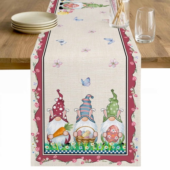 Gnomes Easter Table Runner - 120 Inch Long Eggs Tulips Spring Floral Rustic Cotton and Linen Blended Dress Scarves Farmhouse Table Runner for Kitchen Dining, Coffee Table, 13" x 120"