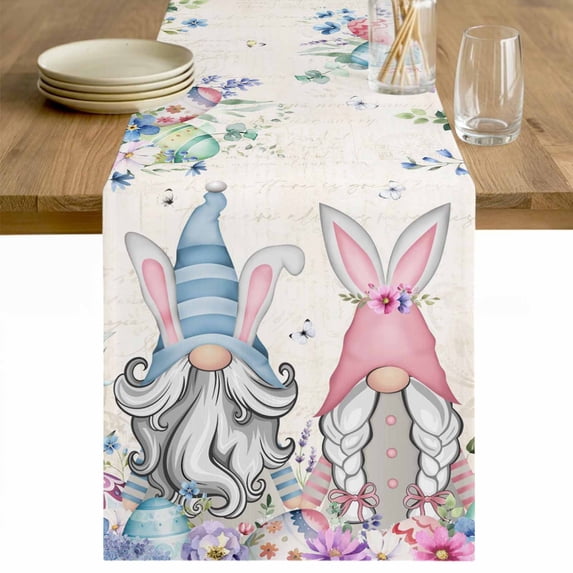 Gnomes Easter Table Runner - 36 Inch Long Colorful Spring Floral Weeping Eggs Retro Art Cotton and Linen Blended Dress Scarves Farmhouse Table Runner for Kitchen Dining, Coffee Table, 13" x 36"