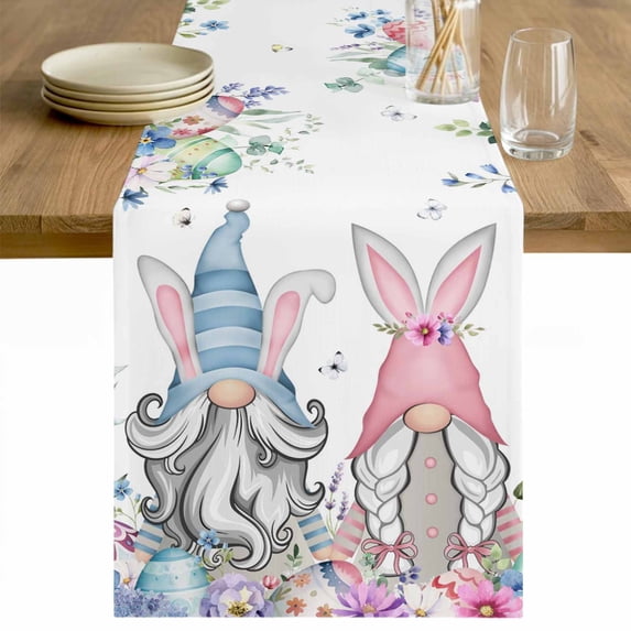 Gnomes Easter Table Runner - 48 Inch Long Colorful Spring Floral Weeping Eggs Cotton and Linen Blended Dress Scarves Farmhouse Table Runner for Kitchen Dining, Coffee Table, 13" x 48"