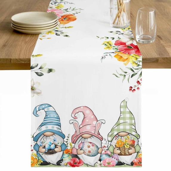 Gnomes Easter Table Runner - 48 Inch Long Eucalyptus Spring Floral Weeping Eggs Farmhouse Cotton and Linen Blended Dress Scarves Farmhouse Table Runner for Kitchen Dining, Coffee Table, 13" x 48"