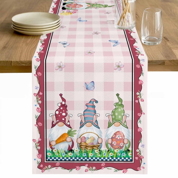 Gnomes Easter Table Runner - 60 Inch Long Eggs Tulips Spring Floral Pink Plaid Cotton and Linen Blended Dress Scarves Farmhouse Table Runner for Kitchen Dining, Coffee Table, 13" x 60"