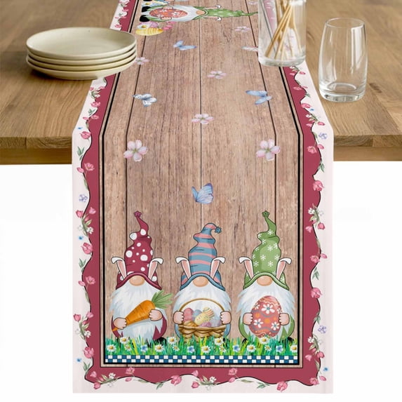 Gnomes Easter Table Runner - 70 Inch Long Eggs Tulips Spring Floral Retro Art Wooden Cotton and Linen Blended Dress Scarves Farmhouse Table Runner for Kitchen Dining, Coffee Table, 13" x 70"