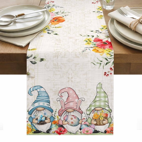 Gnomes Easter Table Runner - 70 Inch Long, Kitchen Dining Table Runner Dresser Scarves, Eucalyptus Spring Floral Eggs Leaves Rustic Farmhouse Decor for Coffee Tables Wedding Party Banquet