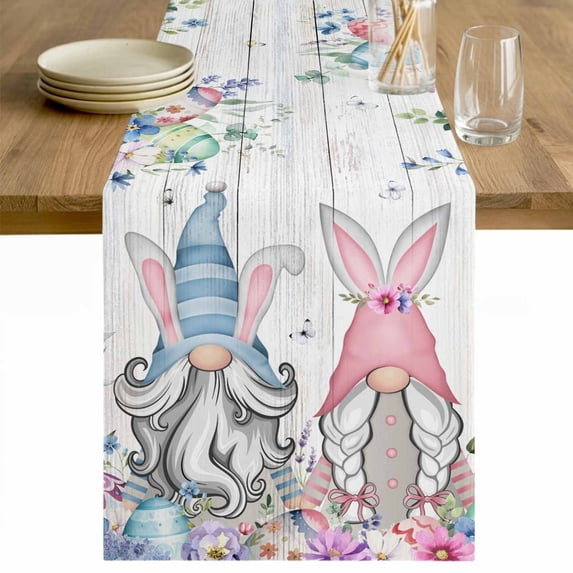 Gnomes Easter Table Runner - 90 Inch Long Colorful Spring Floral Weeping Eggs Wooden Cotton and Linen Blended Dress Scarves Farmhouse Table Runner for Kitchen Dining, Coffee Table, 13" x 90"