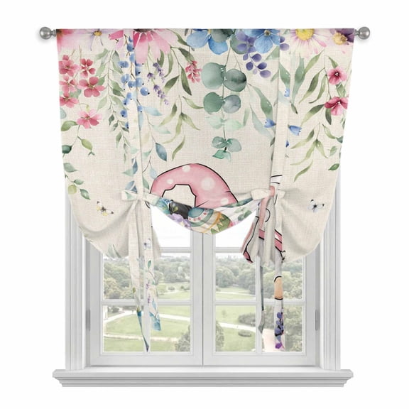 Gnomes Easter Tie Up Curtains 45 Inches Long, Kitchen Window Curtains Over Sink, Colorful Spring Floral Weeping Eggs Rustic Small Window Curtains Shade Balloon Curtains Valances for Bedroom 34"x45"