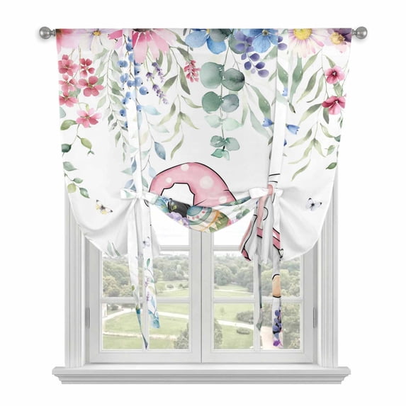 Gnomes Easter Tie Up Curtains for Windows, Adjustable Balloon Window Shades, Colorful Spring Floral Eggs Weeping Kitchen Window Treatments Adjustable Roll Up Curtain for Basement/Nursery 52"x45"