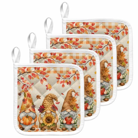 Gnomes Fall Pot Holders for Kitchen Heatproof Potholder, 4 Pack Thanksgiving Pumpkin Leaves Rustic Plaid Hot Pads Multipurpose Oven Pads Terry Cloth Potholders Trivet for Cooking and Baking