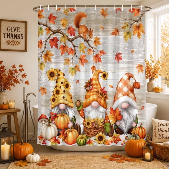 Gnomes Fall Shower Curtains for Bathroom, Maple Leaf Thanksgiving Pumpkins Brown Wood Waterproof Fabric Shower Curtain, Decorative Bathroom Curtain for Bathtub, 36"x72", No Hooks Included