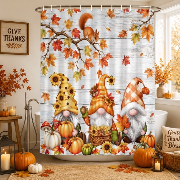 Gnomes Fall Shower Curtains for Bathroom, Maple Leaf Thanksgiving Pumpkins Grey Wood Waterproof Fabric Shower Curtain, Decorative Bathroom Curtain for Bathtub, 72"x72", No Hooks Included