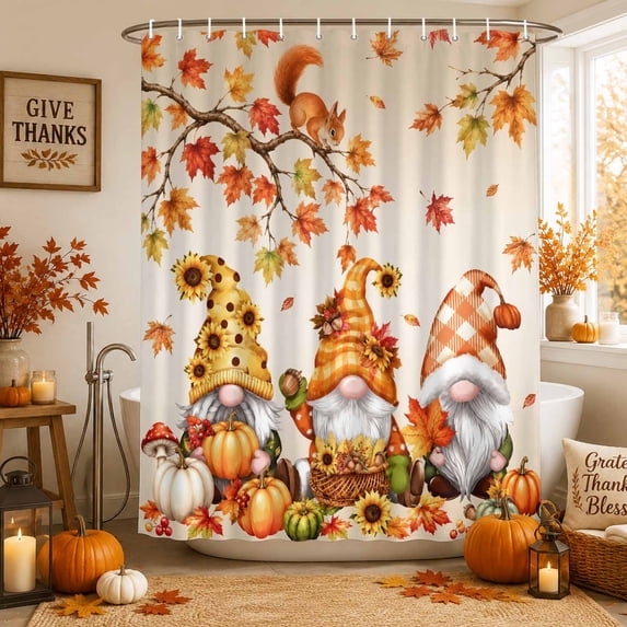 Gnomes Fall Shower Curtains for Bathroom, Maple Leaf Thanksgiving Pumpkins Orange Waterproof Fabric Shower Curtain, Decorative Bathroom Curtain for Bathtub, 72"x84", No Hooks Included