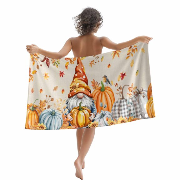 Gnomes Fall Thanksgiving Beach Towels Blanket Soft&Absorbent Quick Dry Microfiber Boho Pumpkin Leaves Orange Pool Towels for Swimming ,Yoga, Sports, Gym, Camping,Large 35X70in,