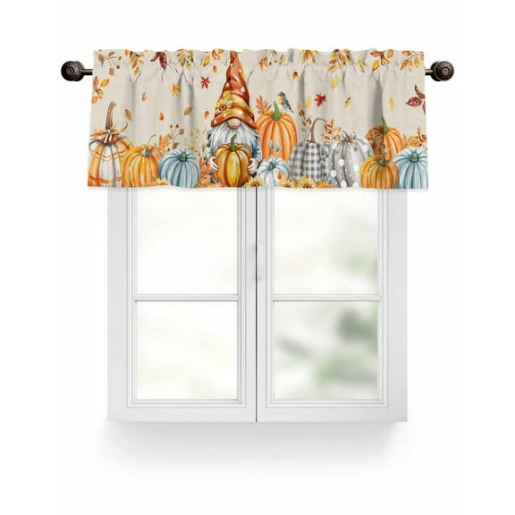 Gnomes Fall Thanksgiving Kitchen Valances for Windows Boho Pumpkin Leaves Orange Valance Curtains for Kitchen /Living Room/Bedroom/ Bathroom Decor, 54"x18 " ,Rod Pocket 1 Panel,