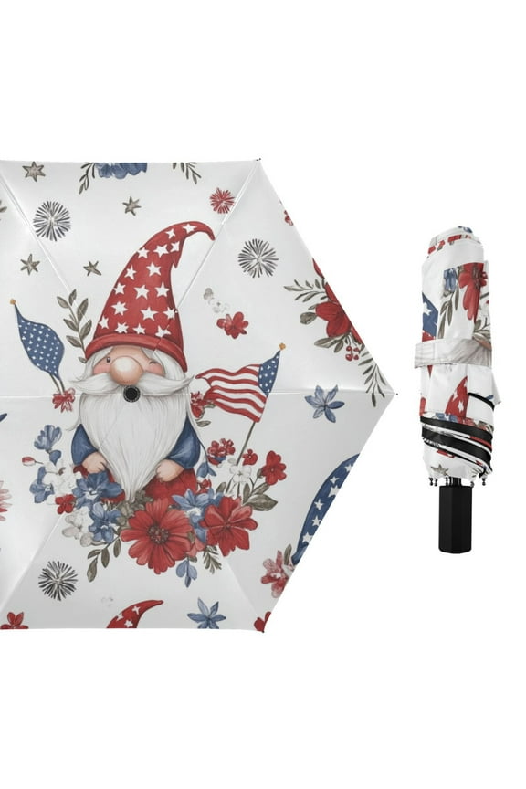 Gnomes Flowers Flags July 4th All Weather Umbrella Triple Folding Parasol 6 Ribs UV Protection Portable
