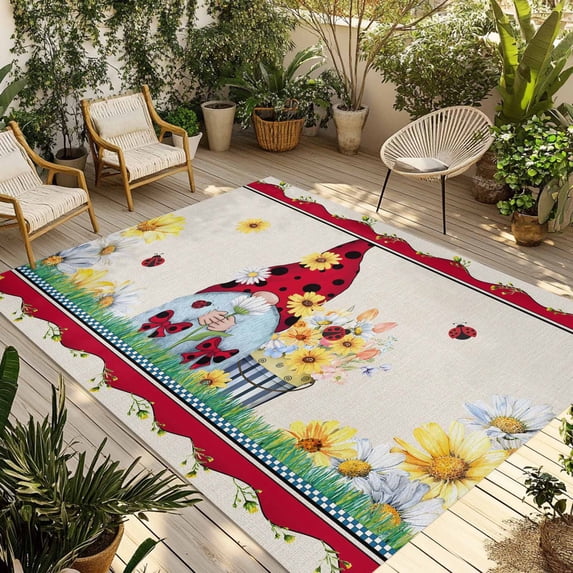 Gnomes Flowers Outdoor Rug for Patio/Deck/Porch, Non-Slip Large Area Rug 6 x 9 Ft, Spring Farmhouse Botanical Floral Striped Indoor Outdoor Rugs Washable Area Rugs, Camping Rug Carpet Runner