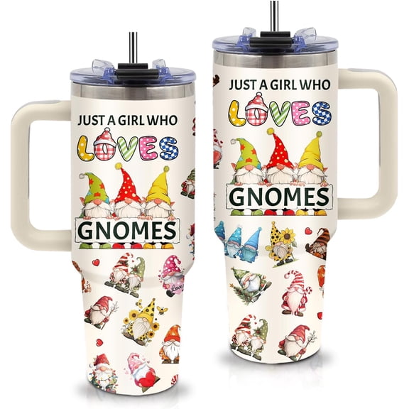 Gnomes Gifts for Women - 40oz Gnomes Tumbler with Straw and Handle, Leak-proof, Stainless Steel Insulated Tumblers, Travel Coffee Mug for Gnome Lovers, Garden Gnome Enthusiasts Gift Cup for Girls