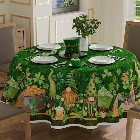 Gnomes Green Hats Shamrocks Clovers Coins Rainbow St. Patricks Day Tablecloth Round Table Cloth Washable Table Covers for Indoor Dining Home Party Decorations 70x70 Inch