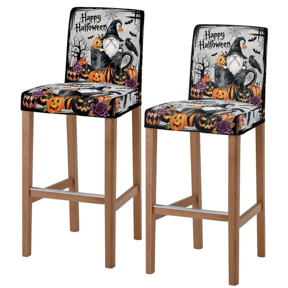 Gnomes Halloween Bar Stool Covers - Stretch Dining Chair Covers Set of 2, Horror Pumpkins Black Trees Grey Bar Chair Cover Removable Counter Stool Pub Chairs Slipcovers Protectors for Kitchen/Cafe