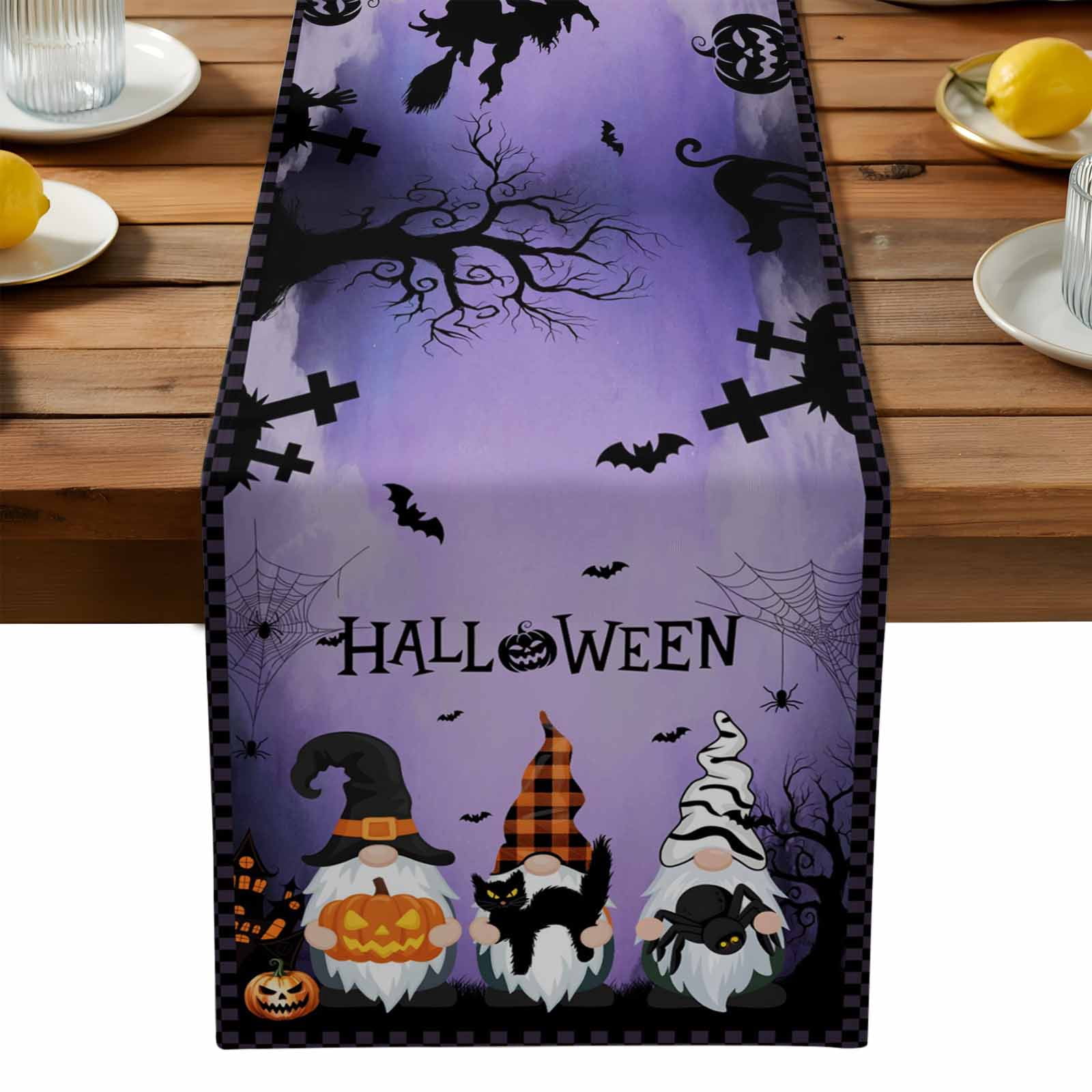Gnomes Halloween Table Runner, Purple Pumpkin Black Cat Bat Cotton ...