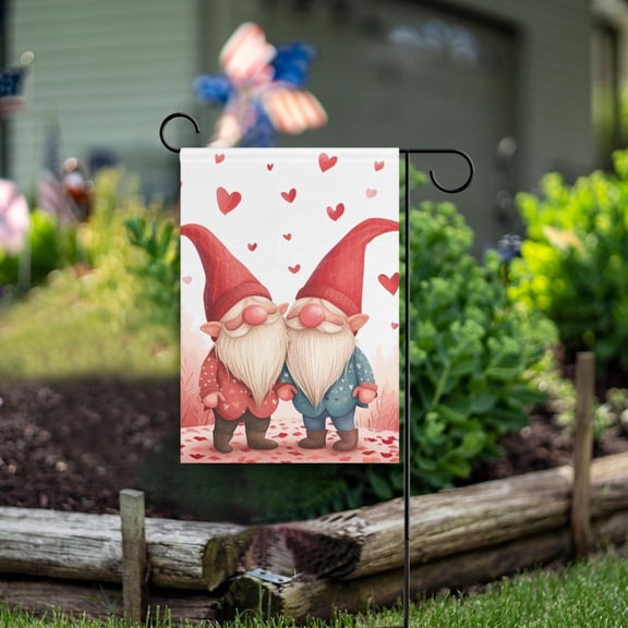 Gnomes Hearts Pink Garden Flag Double Sided Outdoor Banners for Courtyard Outdoor Lawn Farmhouse Holiday Decorations