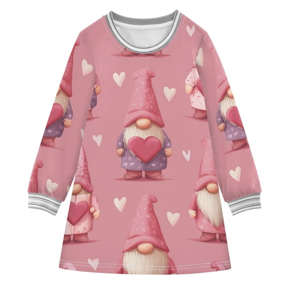 Gnomes Holding Gifts with Hearts Valentine Long-sleeved Dress A-line One-Piece Dress for 2-8 Years Casual Party 3T