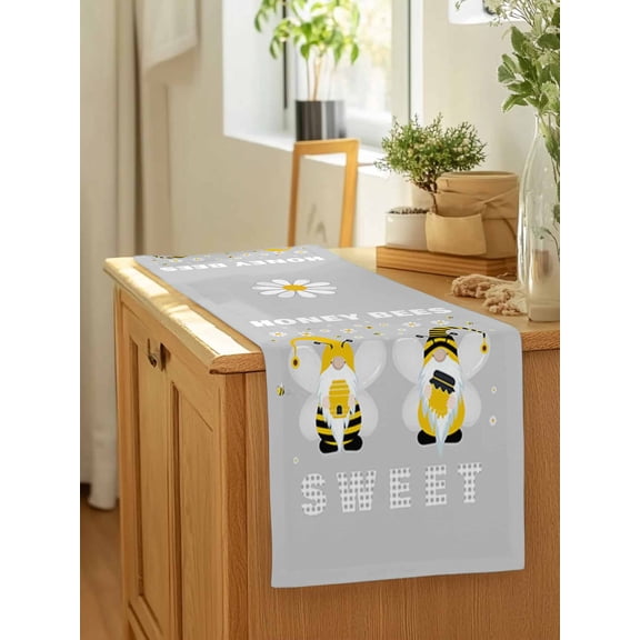 Gnomes Honey Bees Daisy Flower Table Runner 13x90in Non-Slip Cotton Linen Table Runners, Grey Back Dresser Scarves TableRunner for Dinner Kitchen Dining Wedding Party