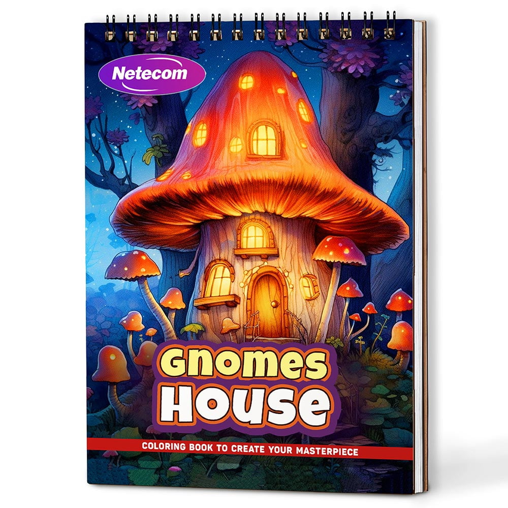 Gnomes House Coloring Book Spiral Bound For Adults, A5 Wooden Cover, 30 Charming Coloring Pages of Enchanted Gnome Villages for Stress Relief and Relaxation