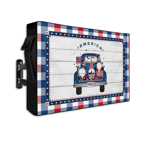 Gnomes Independence American Flag Outdoor TV Cover 40 to 43 Inch Waterproof, Wooden Stripes Buffalo Blue Red 600D Oxford TV Covers with Zipper, Outside Flat TV Screen Protector 40"Wx25"Hx4.5"D