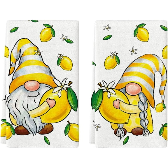 Gnomes Lemons Summer Kitchen Towels Dish Towels, 18x26 Inch Seasonal Holiday Decoration Hand Towels Set of 2