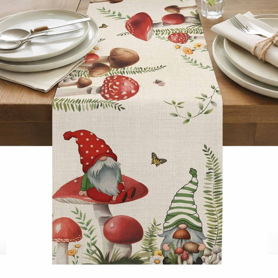 Gnomes Mushroom Table Runner - 48 Inch Long, Kitchen Dining Table Runner Dresser Scarves, Farmhouse Vintage Leaves Plants Butterfly Farmhouse Decor for Coffee Tables Wedding Party Banquet