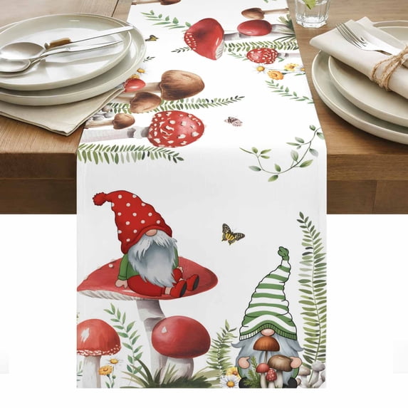 Gnomes Mushroom Table Runner - 90 Inch Long, Kitchen Dining Table Runner Dresser Scarves, Country Leaves Plants Butterfly Plants Farmhouse Decor for Coffee Tables Wedding Party Banquet