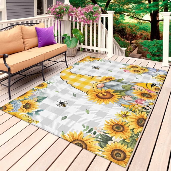 Gnomes Outdoor Rug 5x7 Ft, Non Slip Washable Area Rug, Vintage Yellow Sunflower Summer Bee Grey Plaid Patio Rugs Carpet Runner, Large Floor Mat for Indoor/Outdoor Deck Porch Camping