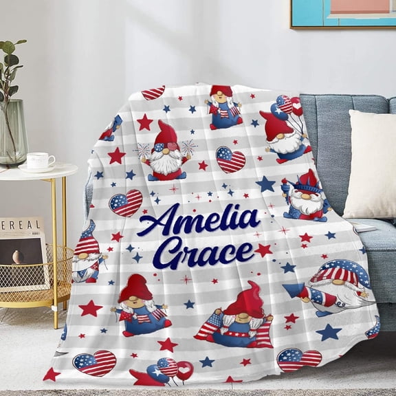 Gnomes Patriotic Custom Blankets Independence Day 4th of July Blanket Gifts, Ultral Soft Blue Red White Lightweight Flannel Blankets Throw for Home Sofa Bed Chair 50"x60" for Teens