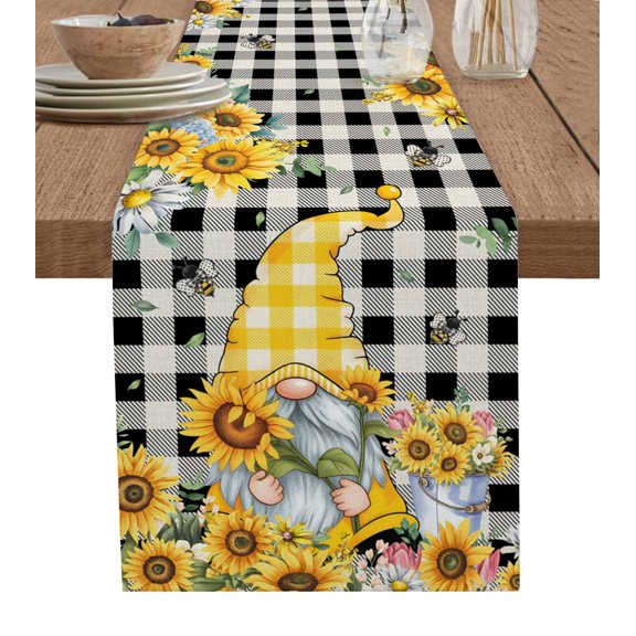 Gnomes Plaid Burlap Cotton Table Runner 13x36 Inches Short, Yellow Sunflower Farmhouse Bee Black Check Farmhouse Table Runners, Outdoor Dining Tablecloths Decor for Baby Shower/Party/Wedding