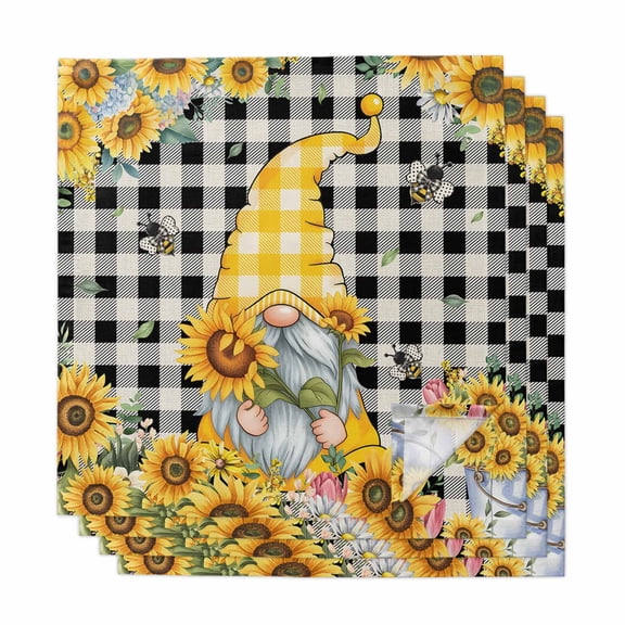 Gnomes Plaid Cloth Napkins, Yellow Sunflower Farmhouse Bee Black Check Washable and Reusable Dinner Napkins Set of 4, Table Napkin for Kitchen Party Birthday Wedding Hotel Housewarming 20"x20"