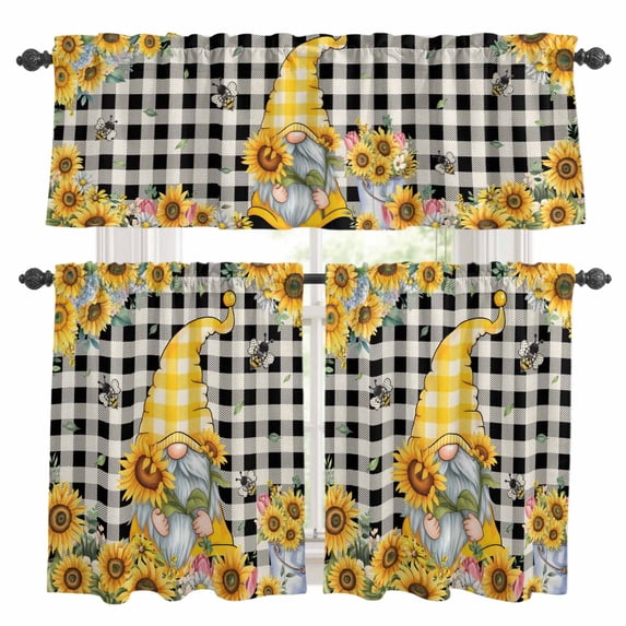 Gnomes Plaid Kitchen Curtains Sets for Windows 36 Inch Length, Yellow Sunflower Farmhouse Bee Black Check Rod Pocket Window Treatments Tier Curtains and Valances Set for Bedroom/Bathroom